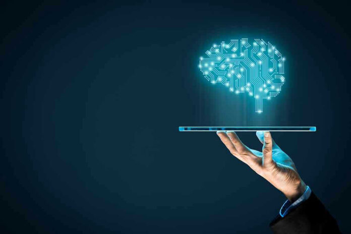 776025448 Digital brain above a hand holding a tablet