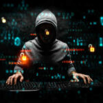 Hooded hacker using two keyboards surrounded by code