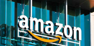 Amazon logo on a glass building facade