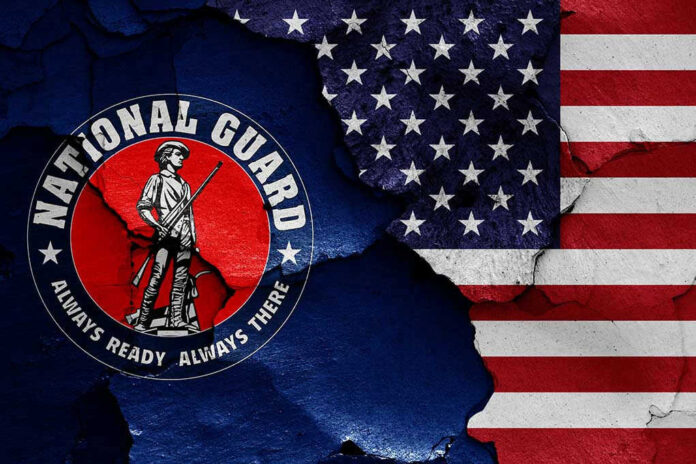 National Guard logo over a distressed American flag