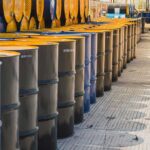 Rows of oil barrels in a storage facility