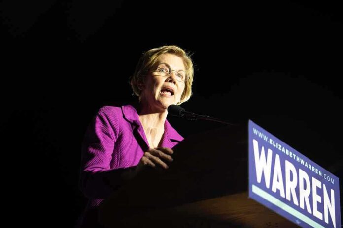 A female politician delivering a speech at a podium with a campaign sign