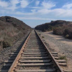 Railway tracks stretching into the distance, surrounded by vegetation.