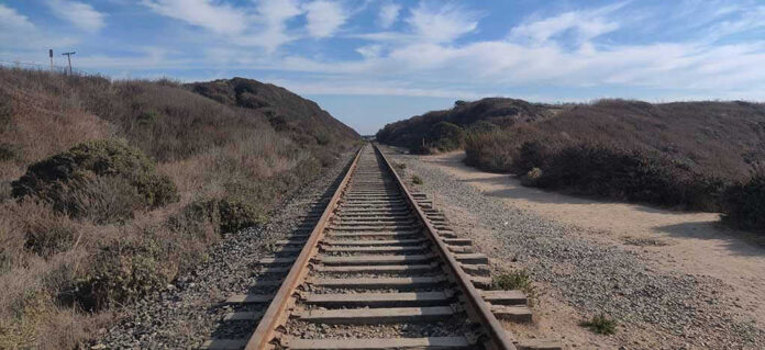 Railway tracks stretching into the distance, surrounded by vegetation.