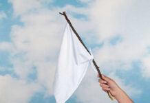 Hand holding white flag against a blue sky.