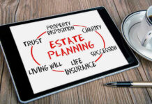 Tablet displaying estate planning related terms nearby coffee cup