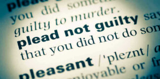 plead not guilty highlighted in a dictionary.