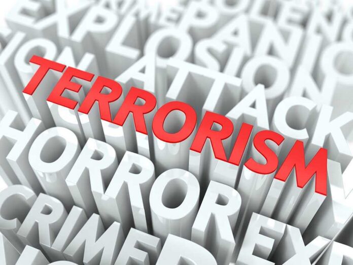 The word 'TERRORISM' prominently displayed in red among other related terms