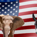 Elephant and donkey in front of American flag.