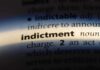 Close-up of a dictionary page showing the word 'indictment' and its definition