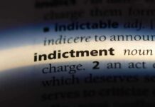 Close-up of a dictionary page showing the word 'indictment' and its definition