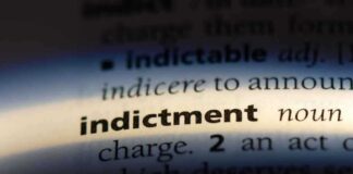 Close-up of a dictionary page showing the word 'indictment' and its definition