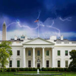 Drone Terror Plot Rattles White House White House under stormy sky with lightning bolts.