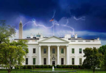 Drone Terror Plot Rattles White House White House under stormy sky with lightning bolts.