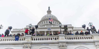 Crowd gathered on steps of Capitol building.