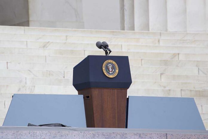 Empty,Presidential,Podium,,Lincoln,Memorial,Steps,,At,The,"let,Freedom Podium with a microphone and presidential seal in front of steps