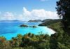 Beach Paradise, Brutal Law Scenic view of a tropical beach with clear blue water and lush greenery