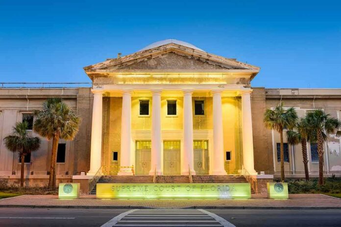 Supreme Court building with illuminated columns at dusk