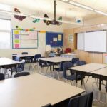 Empty classroom with tables, chairs, and a whiteboard