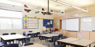 Empty classroom with tables, chairs, and a whiteboard