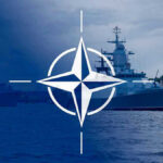 NATO emblem overlaying naval ships in the ocean.