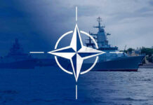 U.S. Secures Permanent Military Access to Greenland NATO emblem overlaying naval ships in the ocean.
