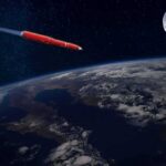 Navy Unveils “Malice” Long-Range Missile Red rocket flying above Earth toward the Moon