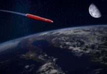 Navy Unveils “Malice” Long-Range Missile Red rocket flying above Earth toward the Moon