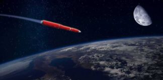 Red rocket flying above Earth toward the Moon