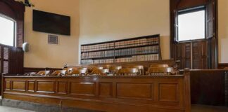 jury box in an empty courtroom