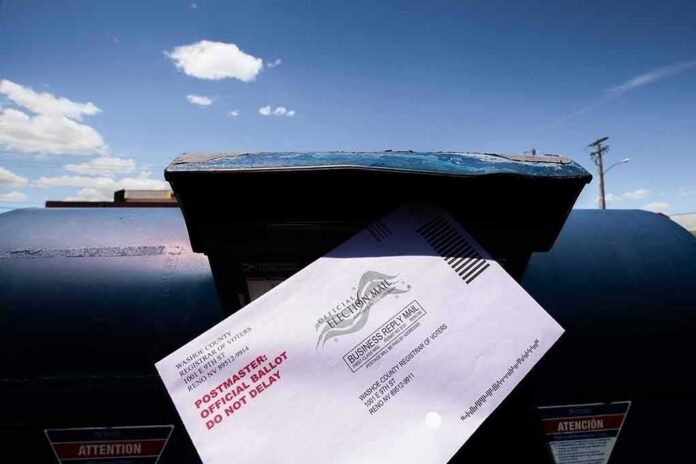Mail-in ballot being inserted into a blue USPS mailbox