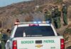 Texas Ranch Chase Ends in Arrests Border Patrol agents gather near fence with patrol trucks