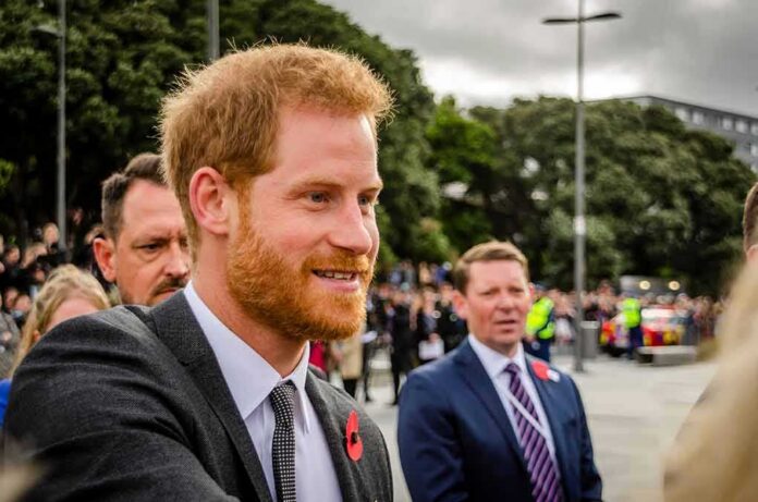 Prince Harry, Duke of Sussex greets people at an outdoor event
