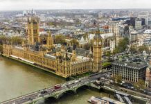 Nuclear Threats Raise Global Tensions Aerial view of the Houses of Parliament and Big Ben in London, with the Thames River and cityscape