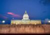Utah State Capitol building at dusk with illuminated dome
