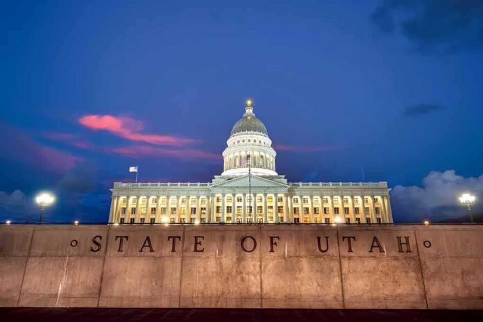 shutterstock_2036846408 Utah State Capitol building at dusk with illuminated dome