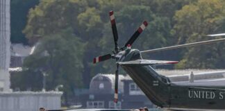 Motorcade and helicopter on a waterfront helipad