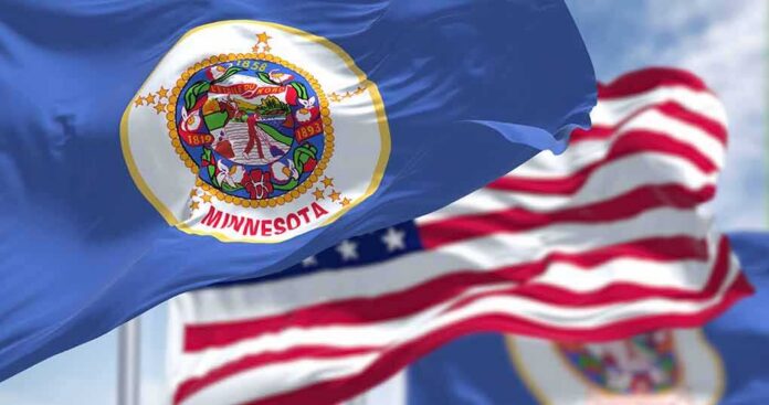 Minnesota state flag waving in the wind