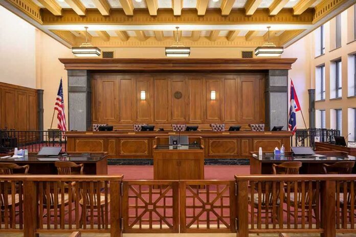 Courtroom interior with judge's bench and wooden furnishings